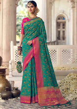 Load image into Gallery viewer, Pine Green Floral Zari Woven Raw Silk Saree