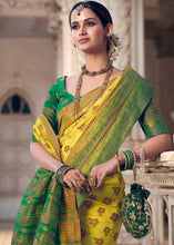 Load image into Gallery viewer, Lemon Yellow Floral Zari Woven Raw Silk Saree