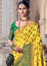 Load image into Gallery viewer, Lemon Yellow Floral Zari Woven Raw Silk Saree