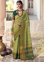 Load image into Gallery viewer, Pastel Green Floral Zari Woven Raw Silk Saree