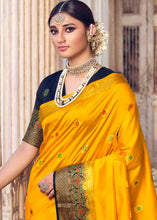 Load image into Gallery viewer, Saffron Yellow Floral Zari Woven Raw Silk Saree