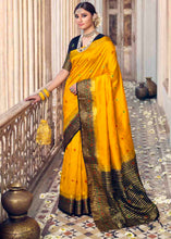 Load image into Gallery viewer, Saffron Yellow Floral Zari Woven Raw Silk Saree