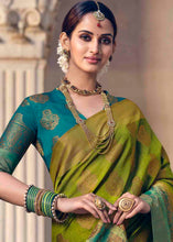 Load image into Gallery viewer, Pickle Green Floral Zari Woven Raw Silk Saree