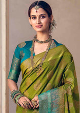 Load image into Gallery viewer, Pickle Green Floral Zari Woven Raw Silk Saree