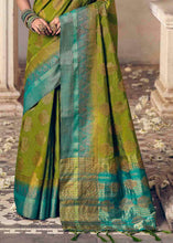 Load image into Gallery viewer, Pickle Green Floral Zari Woven Raw Silk Saree