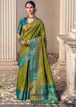 Load image into Gallery viewer, Pickle Green Floral Zari Woven Raw Silk Saree