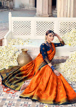 Load image into Gallery viewer, Blaze Orange Floral Zari Woven Raw Silk Saree