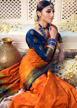 Load image into Gallery viewer, Blaze Orange Floral Zari Woven Raw Silk Saree