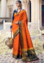 Load image into Gallery viewer, Blaze Orange Floral Zari Woven Raw Silk Saree