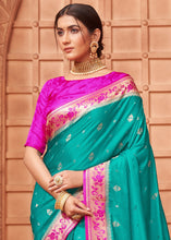 Load image into Gallery viewer, Turquoise Green Satin Silk Saree with Overall Butti work