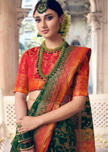 Load image into Gallery viewer, Dark Green Floral Zari Woven Raw Silk Saree