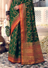 Load image into Gallery viewer, Dark Green Floral Zari Woven Raw Silk Saree
