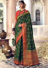 Load image into Gallery viewer, Dark Green Floral Zari Woven Raw Silk Saree