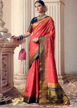 Load image into Gallery viewer, Punch Pink Floral Zari Woven Raw Silk Saree