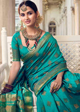 Load image into Gallery viewer, Teal Green Floral Zari Woven Raw Silk Saree