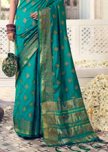Load image into Gallery viewer, Teal Green Floral Zari Woven Raw Silk Saree