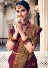 Load image into Gallery viewer, Mulberry Purple Floral Zari Woven Raw Silk Saree