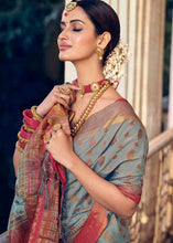Load image into Gallery viewer, Shark Grey Floral Zari Woven Raw Silk Saree