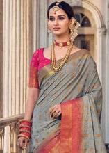 Load image into Gallery viewer, Shark Grey Floral Zari Woven Raw Silk Saree