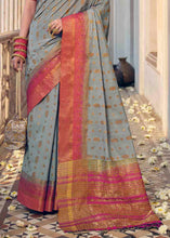 Load image into Gallery viewer, Shark Grey Floral Zari Woven Raw Silk Saree