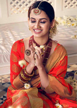 Load image into Gallery viewer, Candy Red Floral Zari Woven Raw Silk Saree