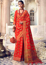Load image into Gallery viewer, Candy Red Floral Zari Woven Raw Silk Saree
