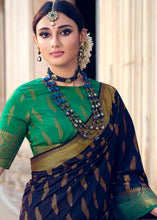 Load image into Gallery viewer, Berry Blue Floral Zari Woven Raw Silk Saree