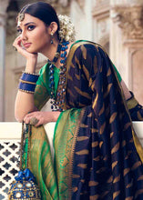Load image into Gallery viewer, Berry Blue Floral Zari Woven Raw Silk Saree
