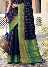 Load image into Gallery viewer, Berry Blue Floral Zari Woven Raw Silk Saree