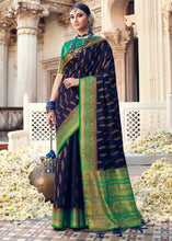 Load image into Gallery viewer, Berry Blue Floral Zari Woven Raw Silk Saree