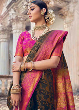 Load image into Gallery viewer, Charcoal Black Floral Zari Woven Raw Silk Saree