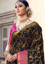 Load image into Gallery viewer, Charcoal Black Floral Zari Woven Raw Silk Saree