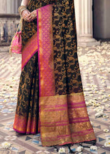 Load image into Gallery viewer, Charcoal Black Floral Zari Woven Raw Silk Saree