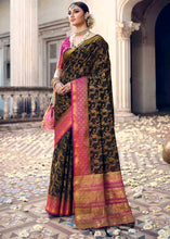 Load image into Gallery viewer, Charcoal Black Floral Zari Woven Raw Silk Saree