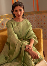 Load image into Gallery viewer, Pear Green Designer Satin Silk Saree
