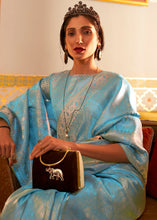 Load image into Gallery viewer, Cyan Blue Designer Satin Silk Saree