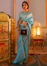 Load image into Gallery viewer, Cyan Blue Designer Satin Silk Saree
