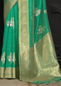 Jungle Green Banarasi Silk Floral Woven Saree with Golden Border and Pallu