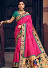 Cargar imagen en el visor de la galería, Hot Pink Woven Paithani Banarasi Silk Saree with Swarovski work &amp; Embroidered Blouse