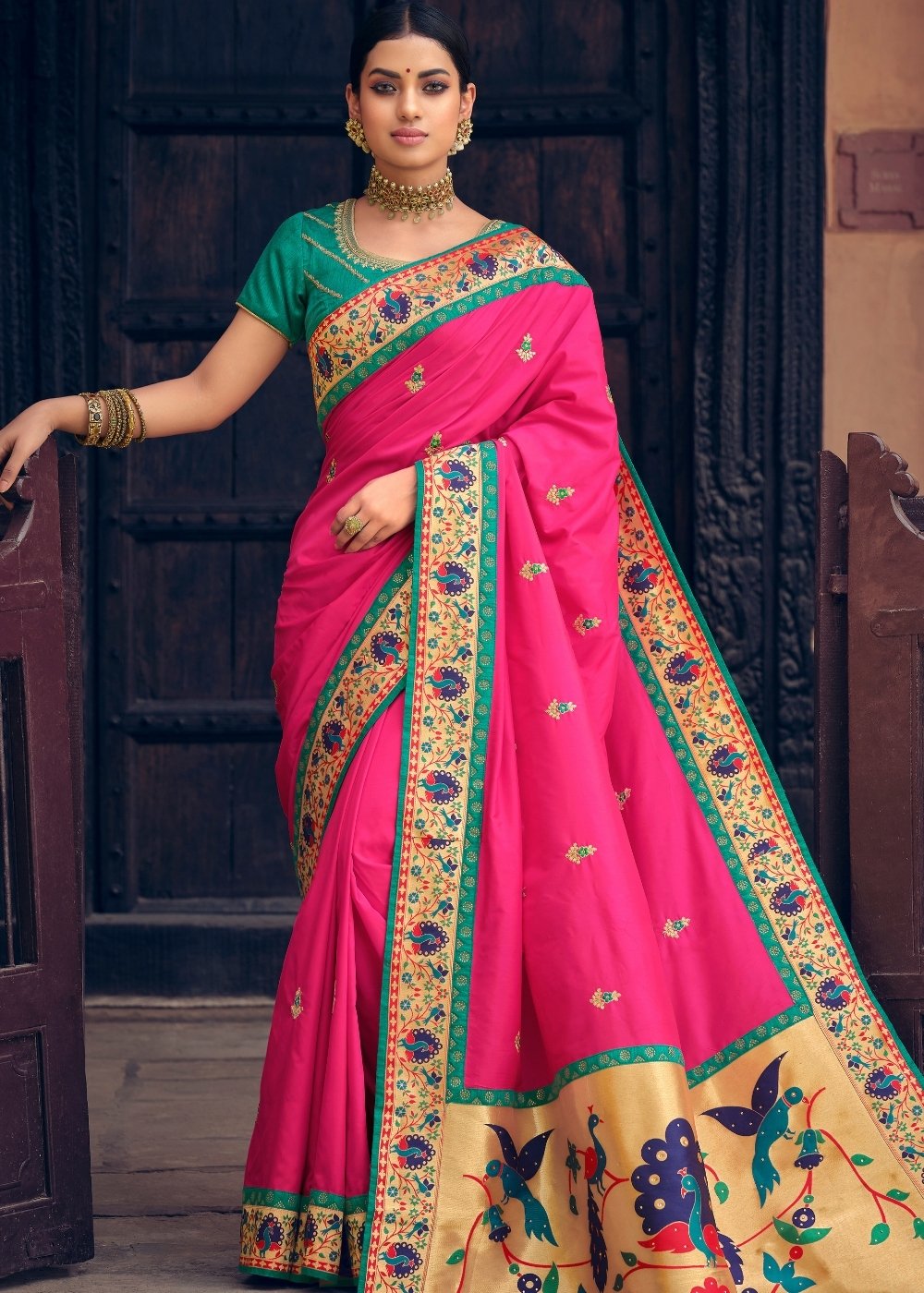 Hot Pink Woven Paithani Banarasi Silk Saree with Swarovski work & Embroidered Blouse