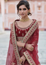 Cargar imagen en el visor de la galería, Maroon Red Velvet Lehenga Choli Having Heavy Embroidery &amp; Hand work: Bridal Edition