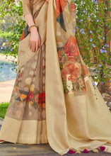 Load image into Gallery viewer, Tortilla Brown Zari Woven Floral Linen Silk Saree