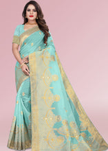 Laden Sie das Bild in den Galerie-Viewer, Aqua Blue Zari Woven Silk Saree with Tassels on Pallu