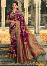 Load image into Gallery viewer, Sangria Purple Woven Banarasi Silk Saree with Tassels on Pallu