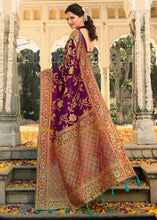 Load image into Gallery viewer, Sangria Purple Woven Banarasi Silk Saree with Tassels on Pallu