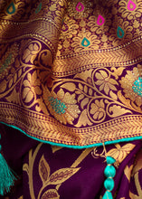 Load image into Gallery viewer, Sangria Purple Woven Banarasi Silk Saree with Tassels on Pallu