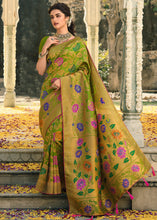 Load image into Gallery viewer, Slimy Green Woven Banarasi Silk Saree with Tassels on Pallu