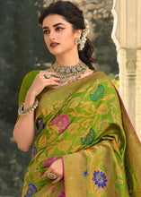 Load image into Gallery viewer, Slimy Green Woven Banarasi Silk Saree with Tassels on Pallu