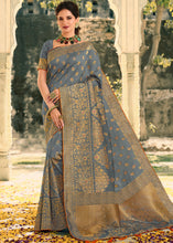 Load image into Gallery viewer, Stormy Grey Woven Banarasi Silk Saree with Tassels on Pallu