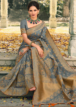 Load image into Gallery viewer, Stormy Grey Woven Banarasi Silk Saree with Tassels on Pallu